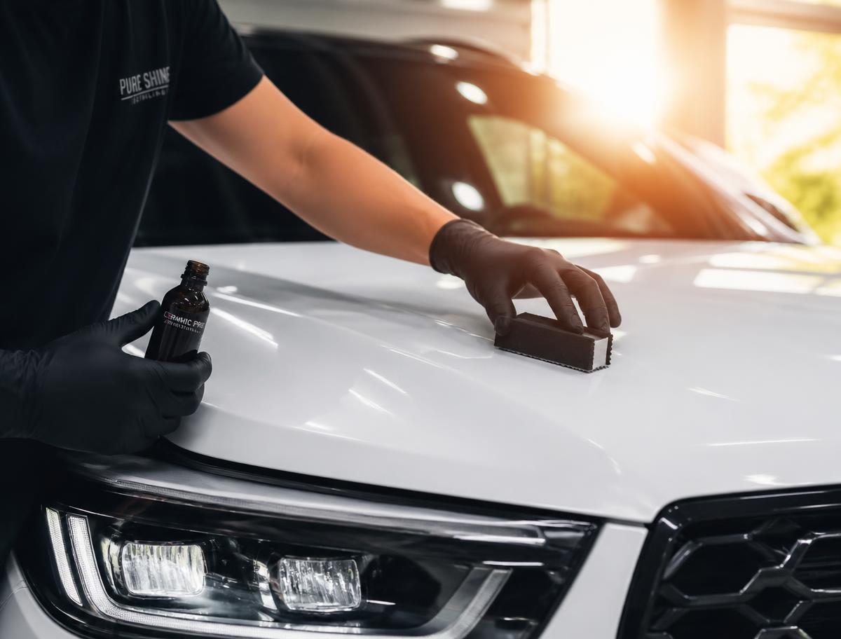 Ceramic coating being applied to a white SUV hood with an applicator block