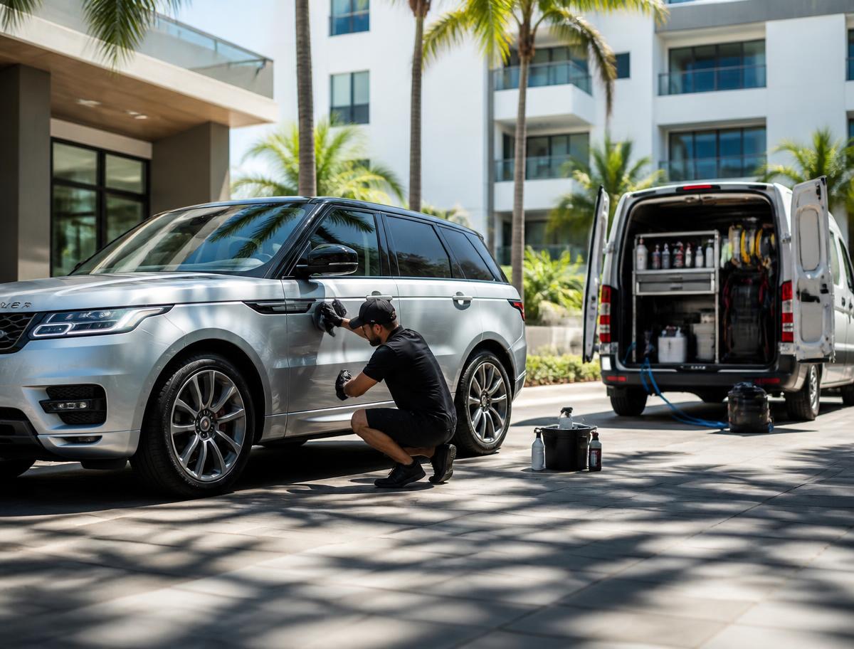 Mobile detailing van and detailer working on an SUV outside a Miami condo building