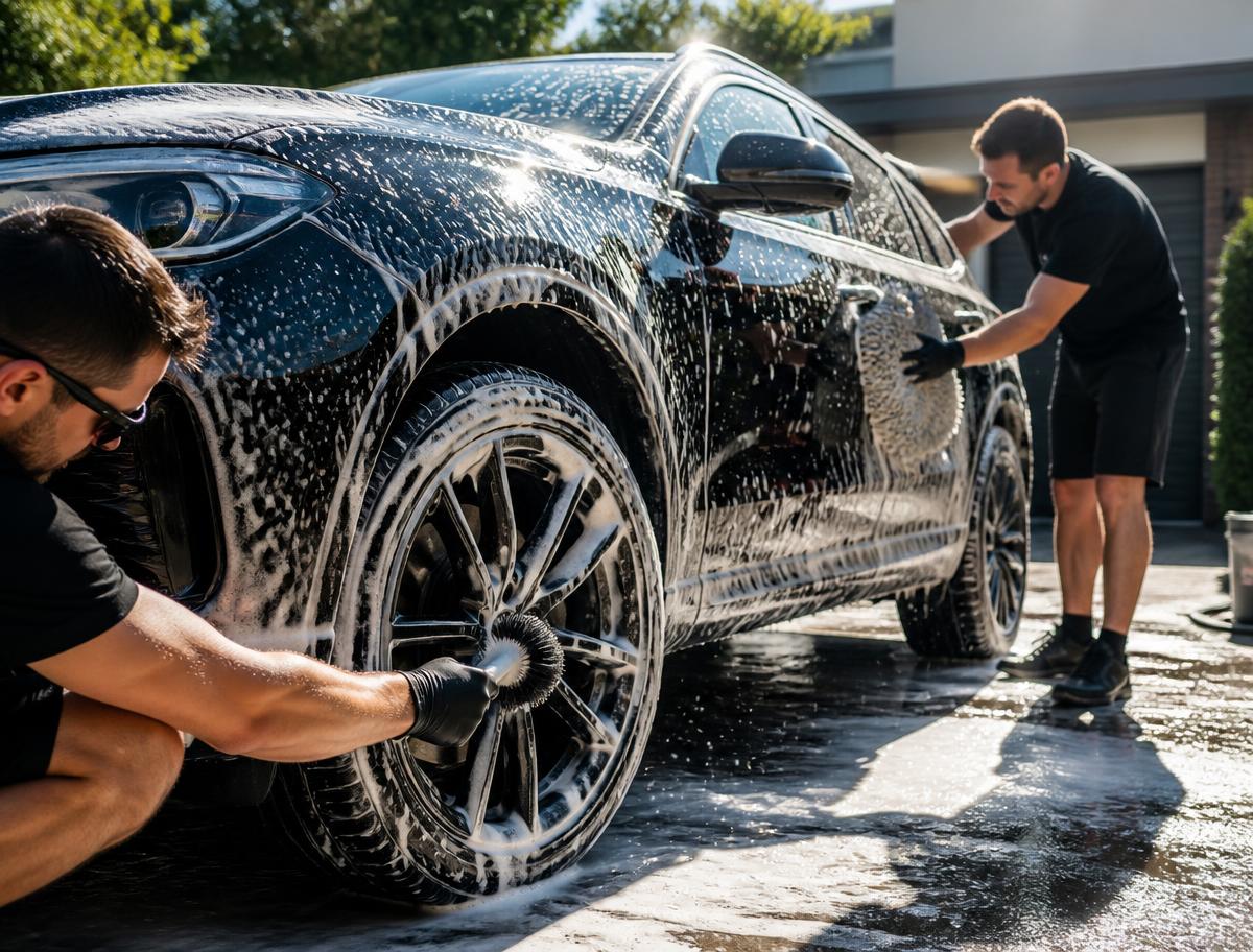 Two detailers hand washing a foam-covered SUV including wheel cleaning with a brush