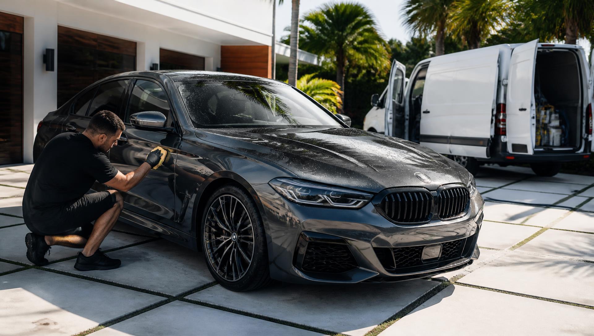 Detailer hand polishing a sedan in a South Florida driveway during a full detail