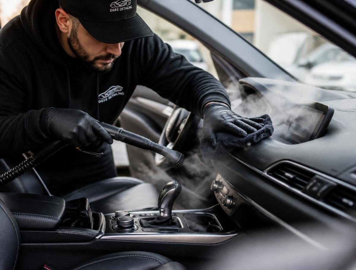 Detailer steam cleaning a dashboard and console during an interior car detail